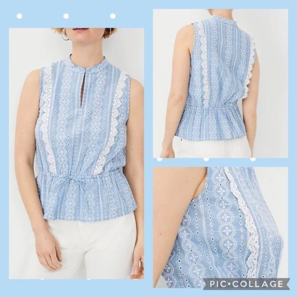 ANN TAYLOR WOMEN'S CHAMBRAY LACE TIE FRONT TOP L